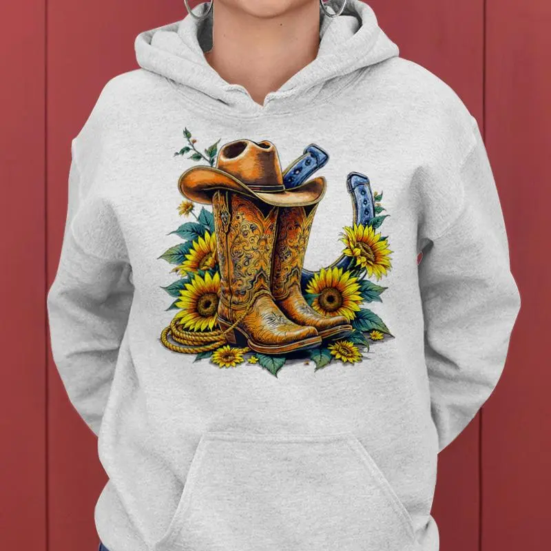 Western Cowboy Boots Floral Rope Hat Sunflower Horseshoe Women Hoodie