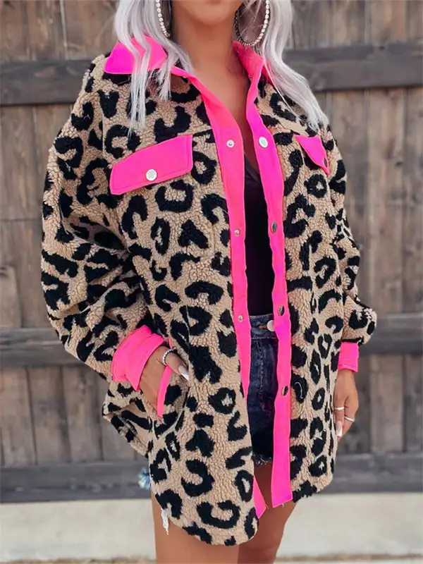 Leopard Print Pocket Casual Fur Jacket
