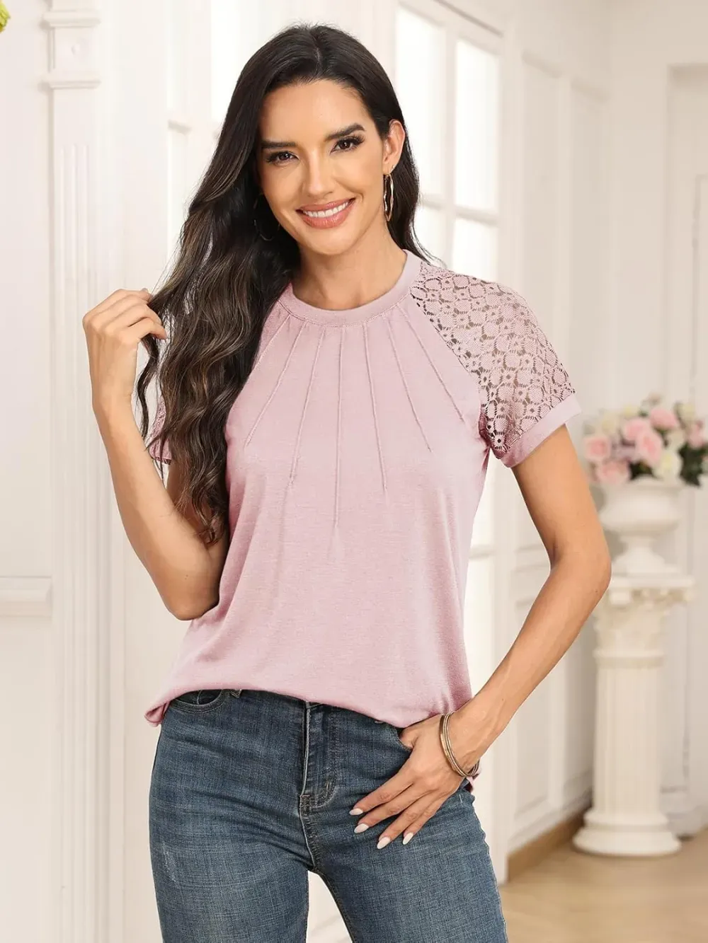 AUTOMET Womens Tshirts Trendy Fashion Tops Lace Short Sleeve Business Tee Shirts Casual Knitted Blouses Summer Outfits 2024