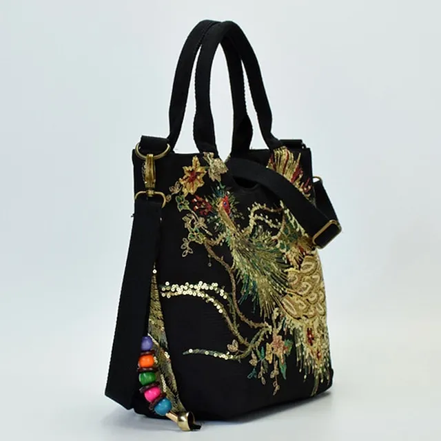 Women's Handbag Crossbody Bag Canvas Tote Bag Canvas Outdoor Daily Holiday Beading Animal Embroidery Black Red Blue