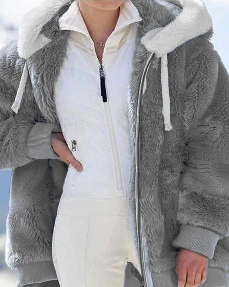 Long Sleeve Fuzzy Hooded Zip Up Teddy Coat