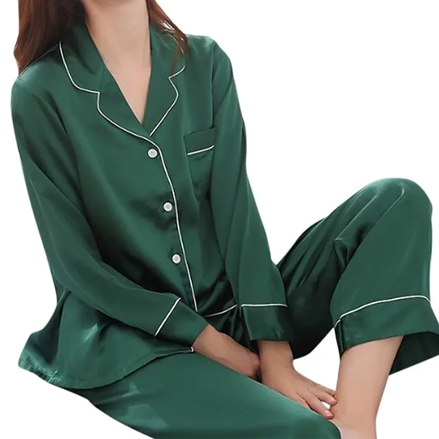Women's Gift Pajamas Sets Home Christmas Party Daily Basic Pure Color Satin Simple Casual Soft Shirt Pant Fall Spring Summer Shirt Collar Long Sleeve Long Pant Buckle Pocket