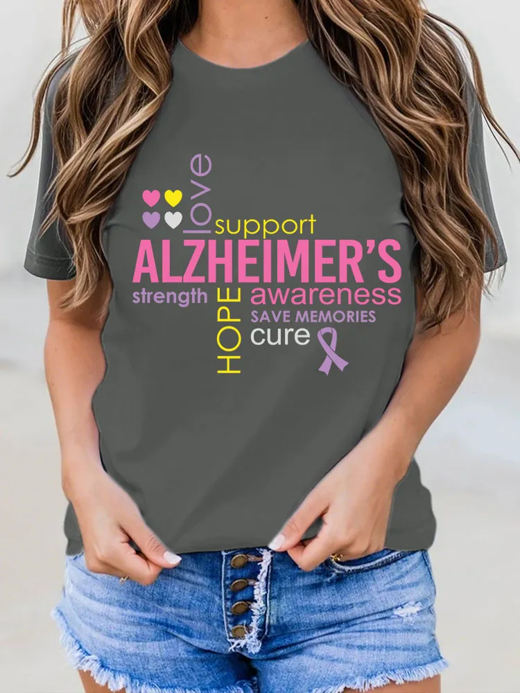 Women's Alzheimer's Disease Awareness Floral Print Round-Neck T-Shirt
