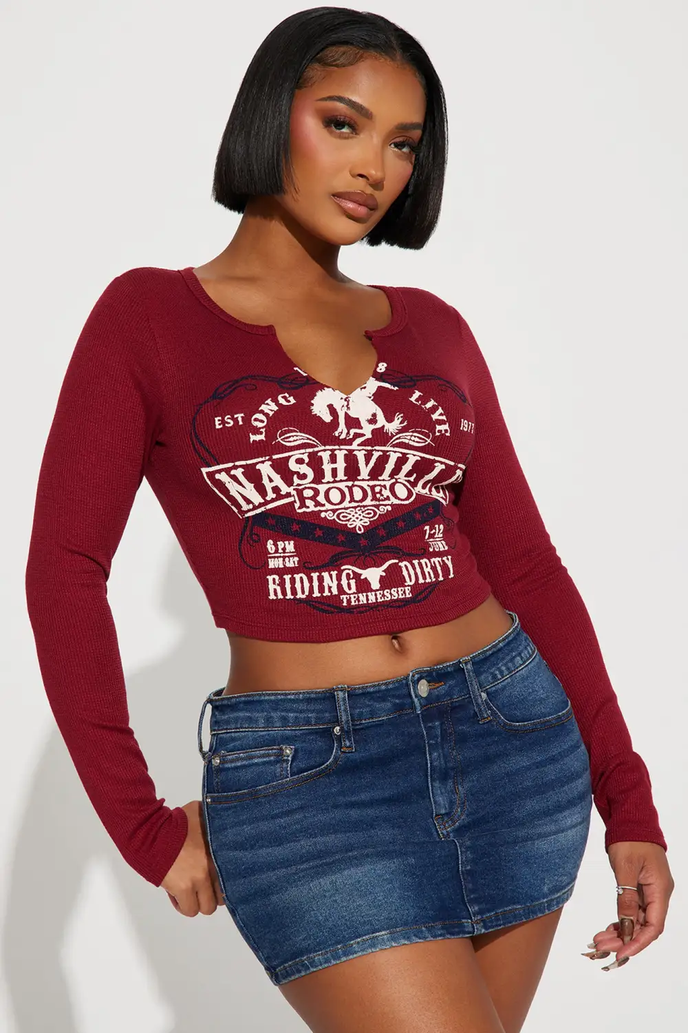 Nashville Rodeo Waffle Long Sleeve Tee - Brick Red