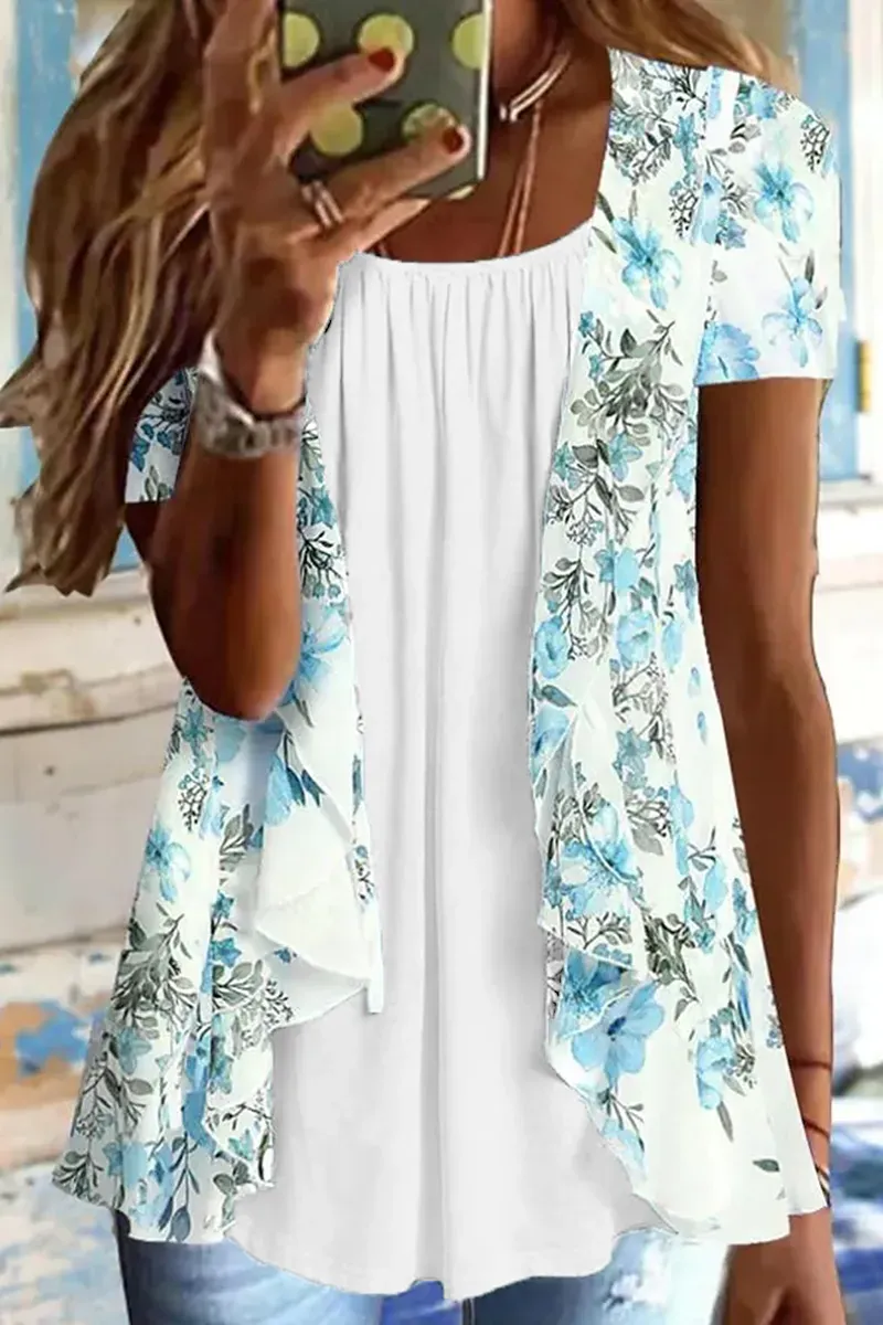 Floral Pattern Ruched Ruffle Trim 2-In-1 Blouse