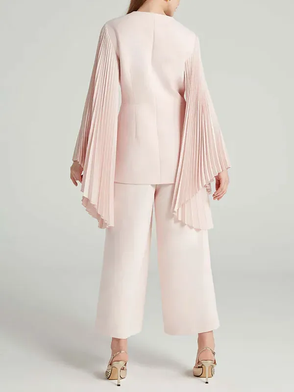 Chiffon pleated sleeve wide leg pants ladies set