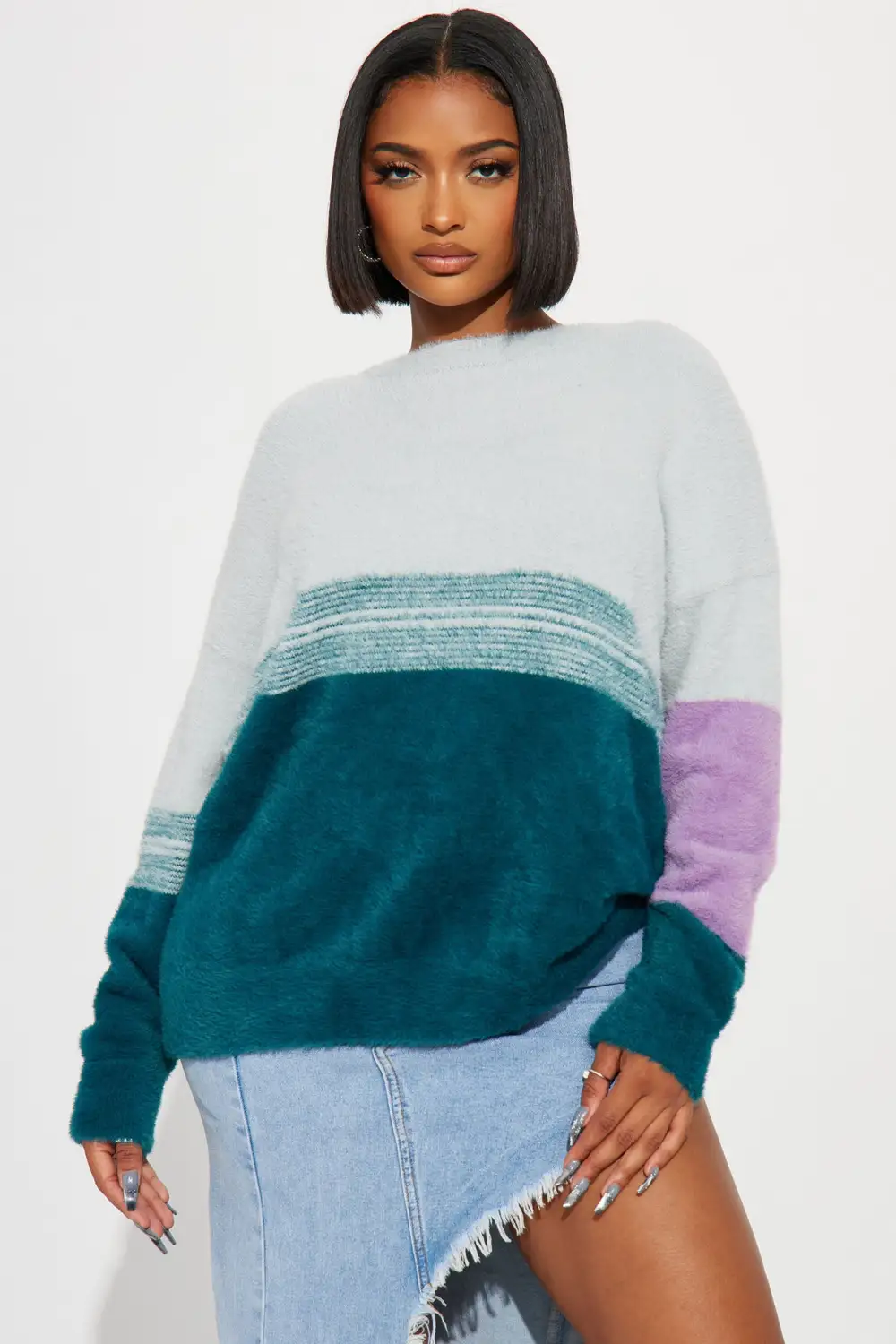 Braelyn Fuzzy Sweater - Teal/combo