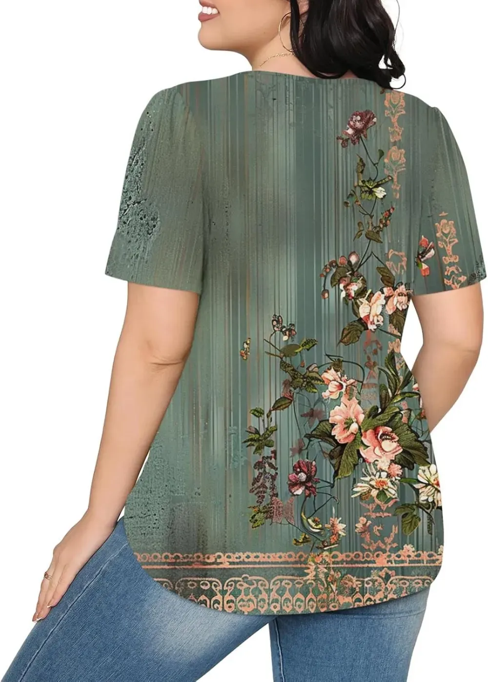 Womens Summer Pleated Front Shirts Tunics Casual Short Sleeved Loose Round Neck Boho Printed Tops Vacation Blouse