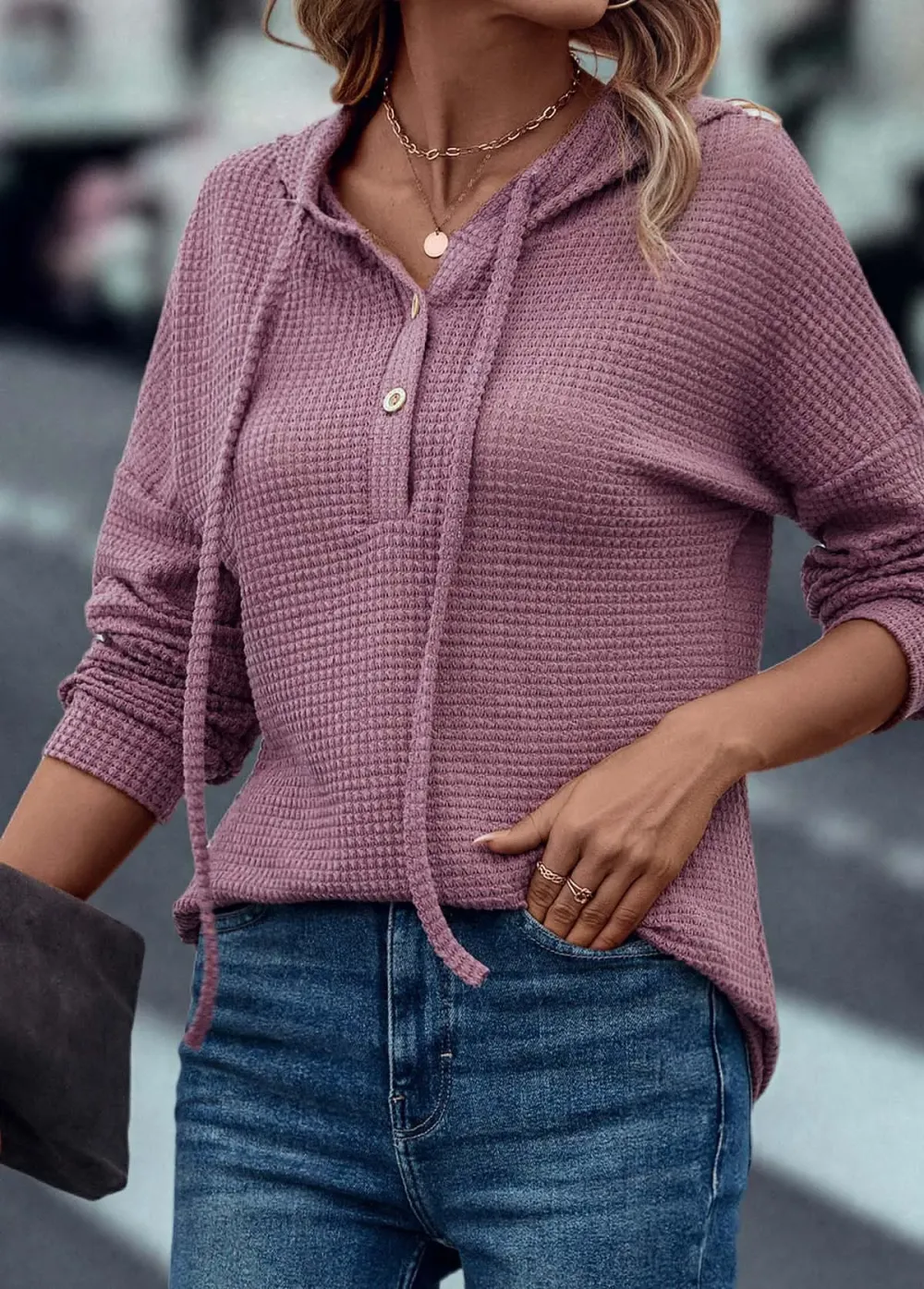 Dark Reddish Purple Drawstring Long Sleeve Hoodie