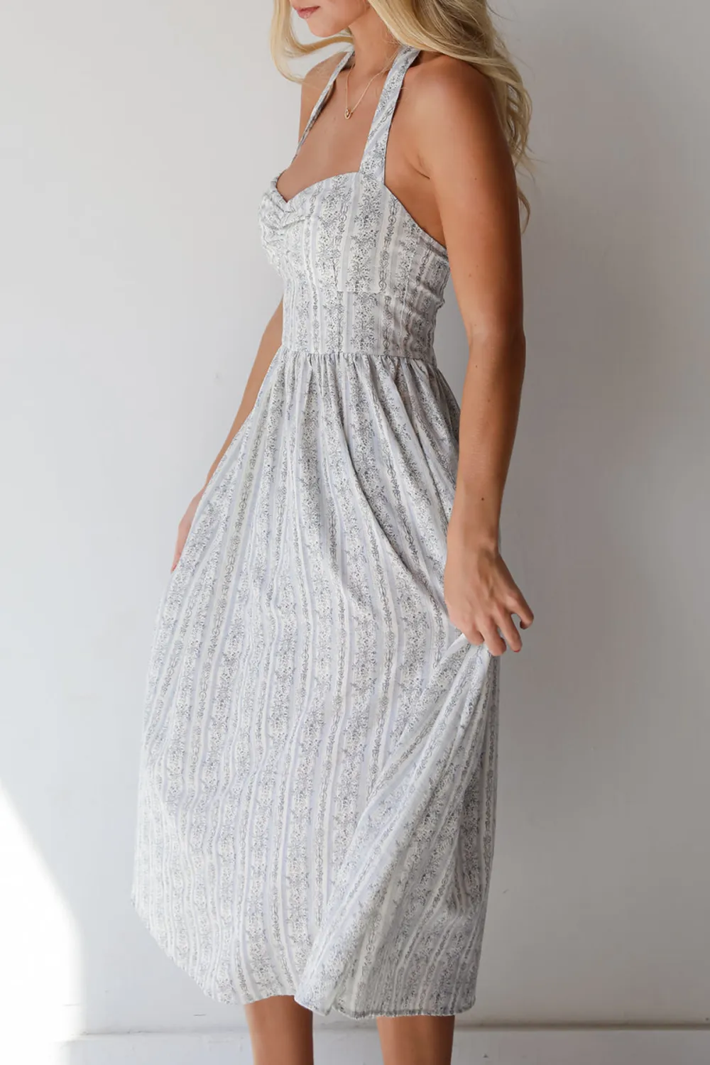 Breezy Composure Blue Striped Floral Halter Midi Dress