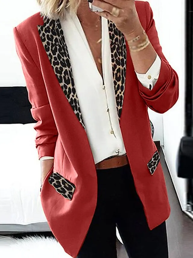 Women's Blazer Regular Print Coat Black Pink Wine Khaki Orange Casual Street Fall Open Front Turndown Regular Fit S M L XL XXL 3XL / Daily / Warm / Leopard