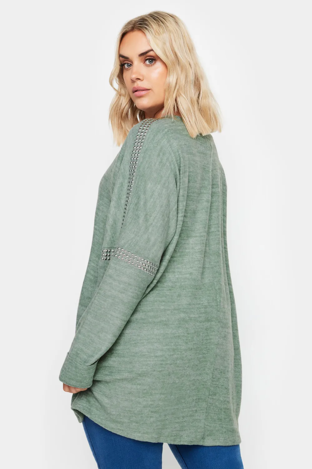 YOURS Curve Sage Green Marl Stud Neckline Embellished Jumper