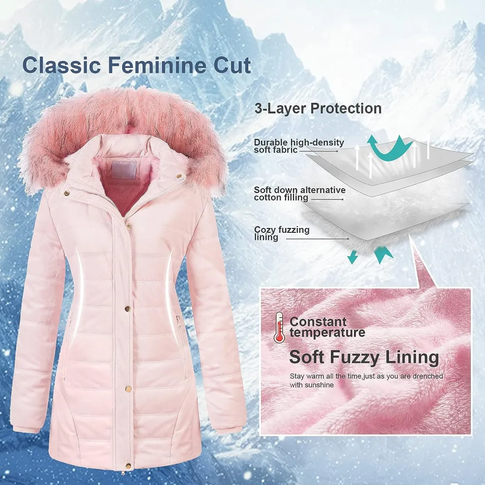 Women's Warm Winter Coat Velvet Puffer Jacket Quilted Faux Fur Hood