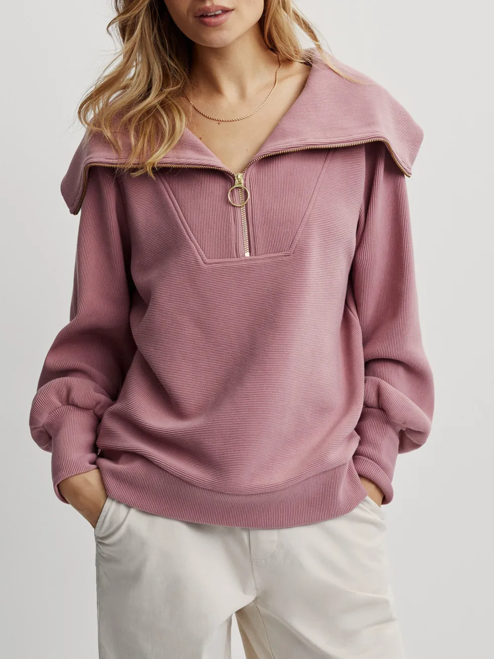 Chic Oversized Half-Zip Wide-Collar Sweatshirt