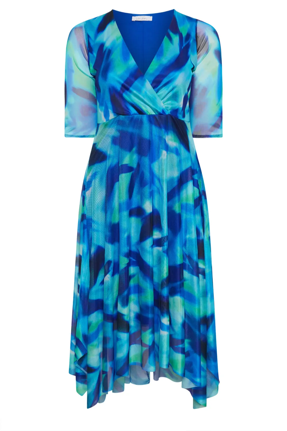 YOURS LONDON Curve Blue Abstract Print Wrap Mesh Dress