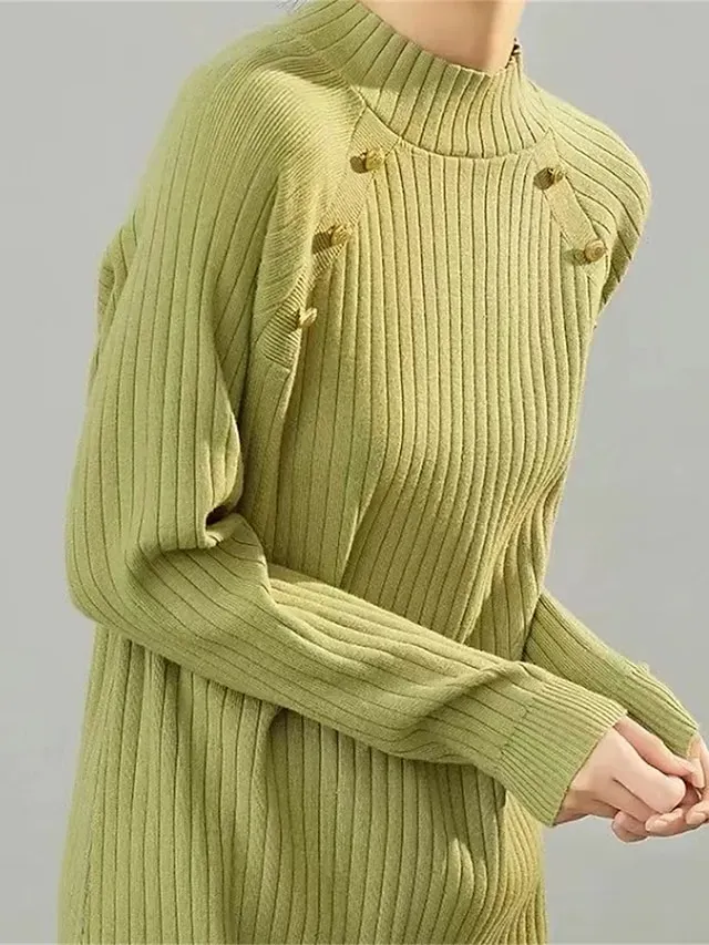 Women's Sweater Dress Jumper Dress Winter Dress Midi Dress Warm Fashion Casual Pure Color Outdoor Daily Vacation Going out Crew Neck Long Sleeve Button 2023 Loose Fit Black White Green One Size