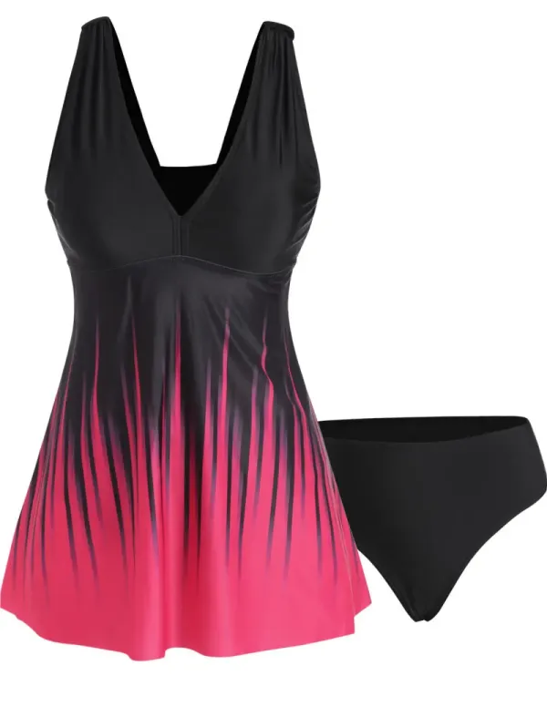 Modest Swimsuit Ombre Plunging Neck Strap Padded Beach Tankini Swimwear