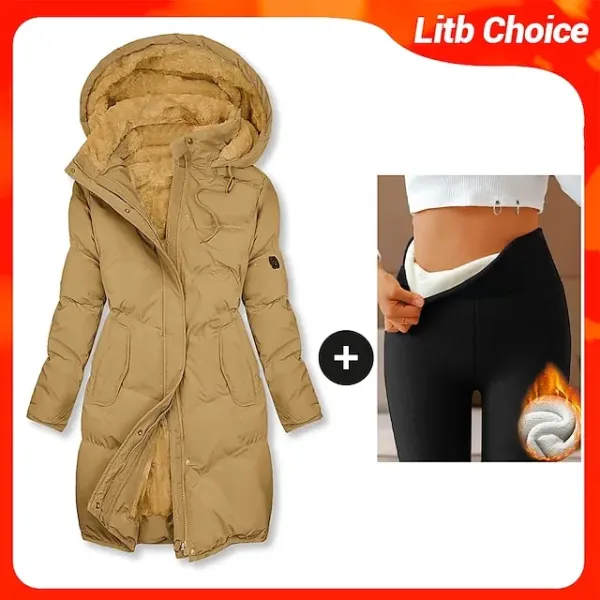 Women's Fleece Lined Parka & Leggings Thermal Warm Puffer Jacket Winter Coat Ankle-Length Winter Leggings Micro-elastic High Waist Tights
