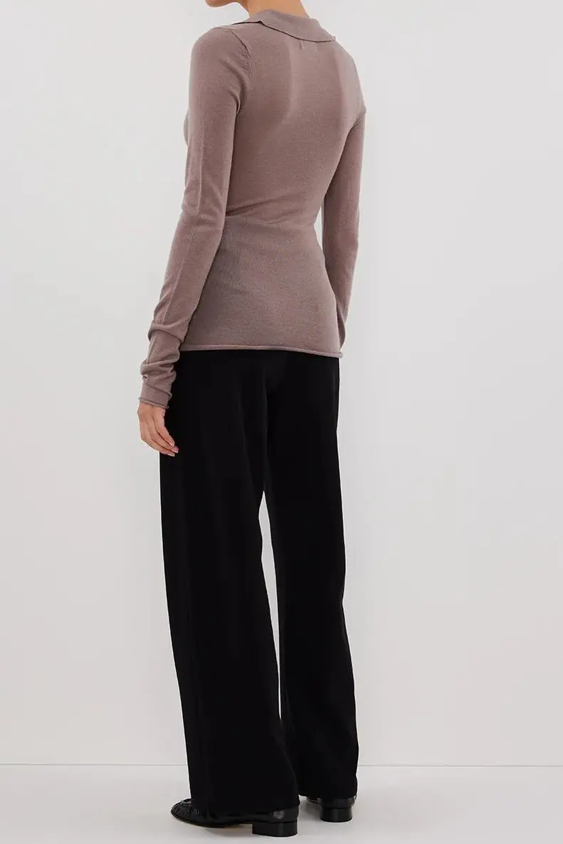 TAUPE MERINO POLO KNIT TOP