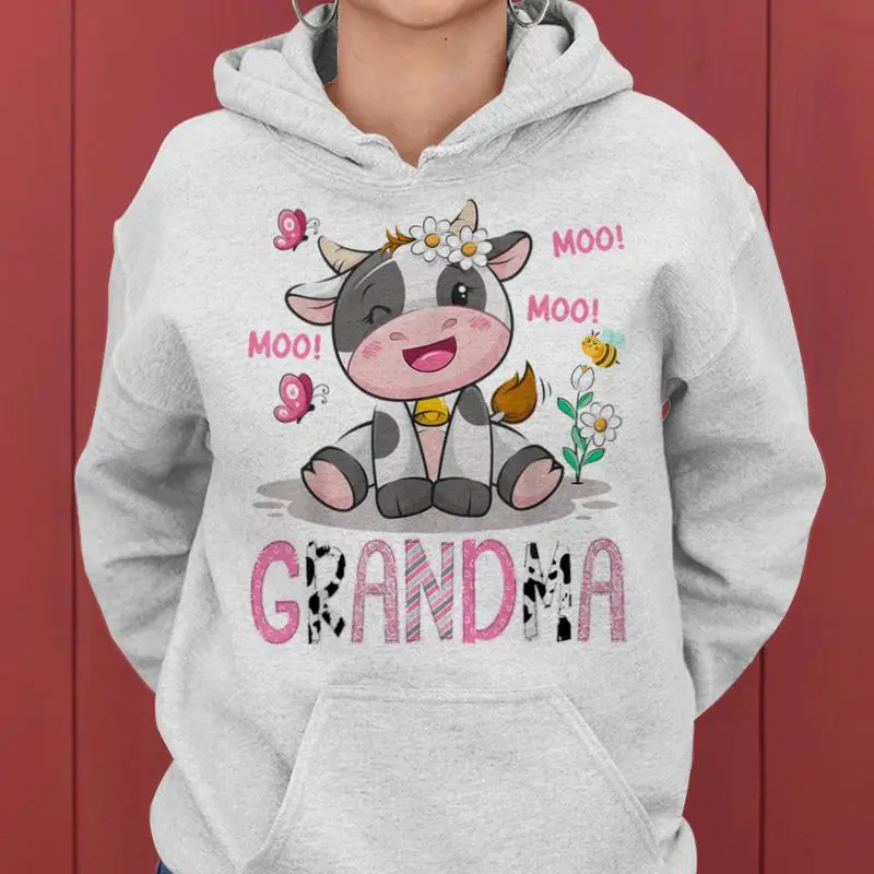Grandma Pink Farm Cute Cow Moo Moo Birthday Girl Matching Women Hoodie