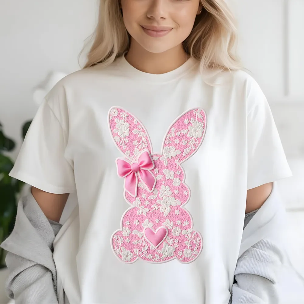 Easter Pink Floral Bunny Printed Round Neck Short Sleeve T-Shirt