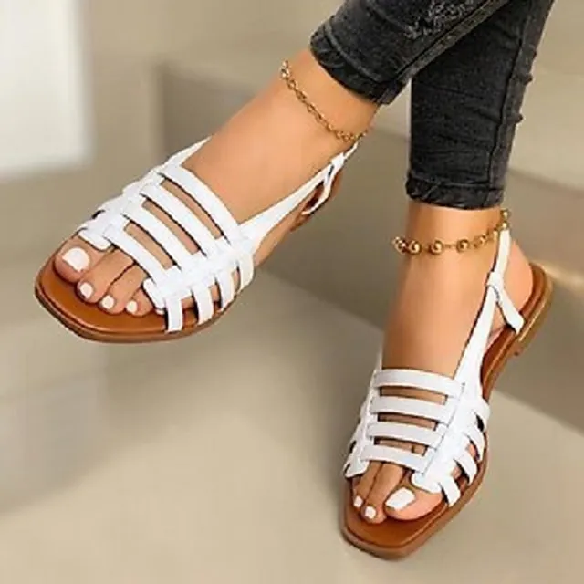 Women's Sandals Gladiator Sandals Roman Sandals Outdoor Daily Beach Summer Flat Heel Open Toe Casual PU Leather Loafer Solid Colored Black White Champagne