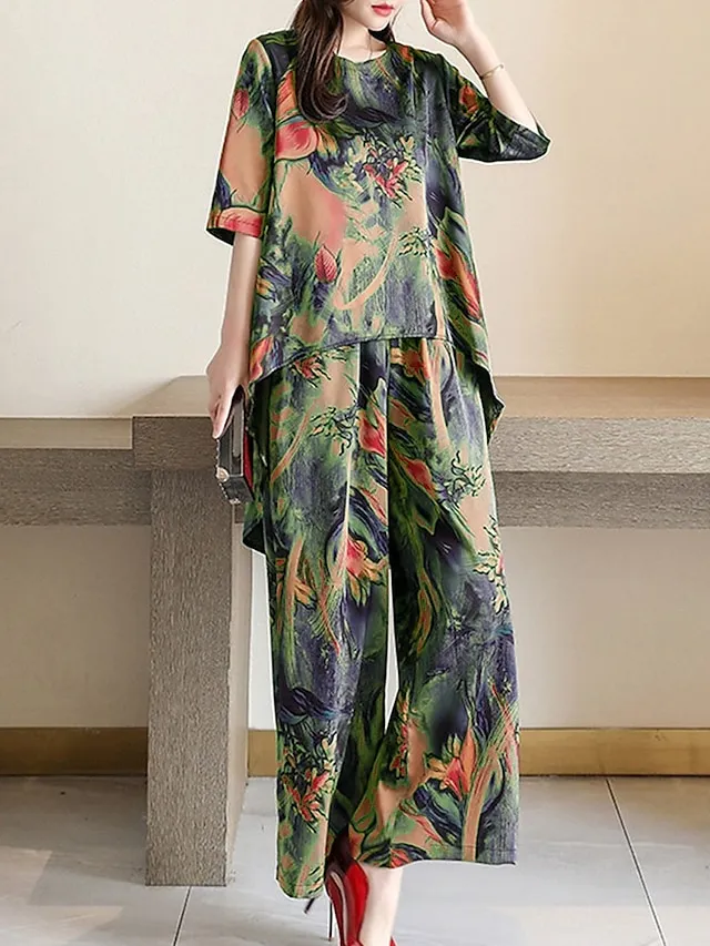 Women's Loungewear Sets Flower Fashion Casual Comfort Street Daily Date Polyester Breathable Crew Neck Short Sleeve T shirt Tee Pant Pocket Summer Spring Light Green Red