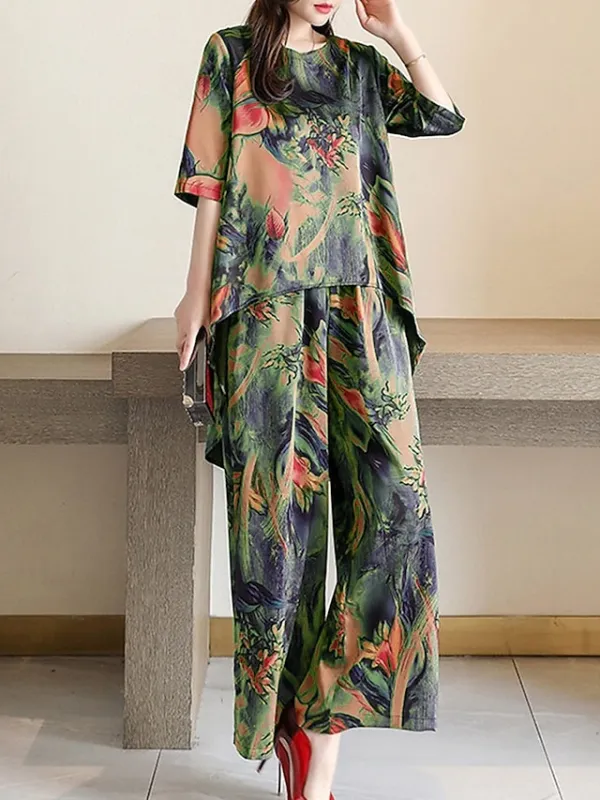 Women's Loungewear Sets Flower Fashion Casual Comfort Street Daily Date Polyester Breathable Crew Neck Short Sleeve T shirt Tee Pant Pocket Summer Spring Light Green Red