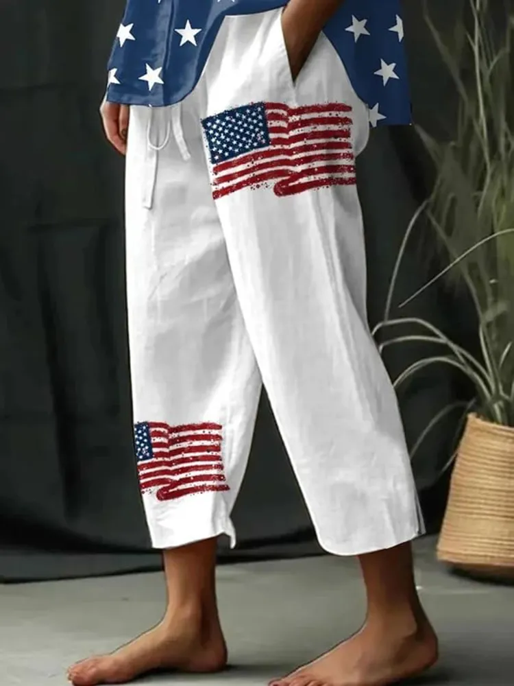 Women'S Trousers, Flag-Printed Casual Straight Pants, Capri Pants