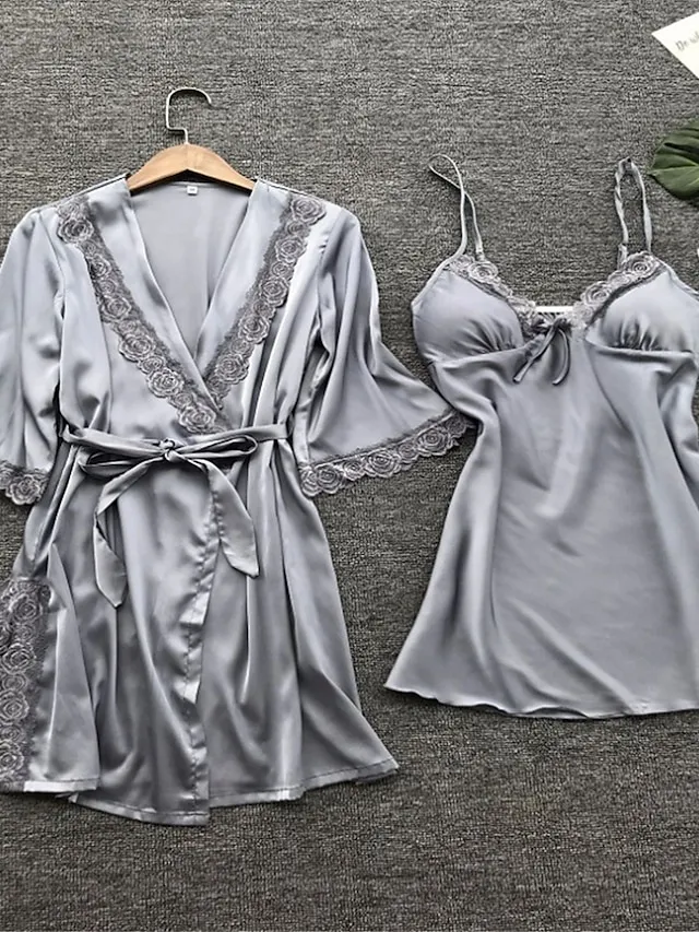 Women's Pajamas Bathrobe Robes Gown Nightgown 2 Pieces Pure Color Hot Comfort Soft Home Daily Bed Satin Breathable V Wire Half Sleeve Summer Spring Silver Yellow
