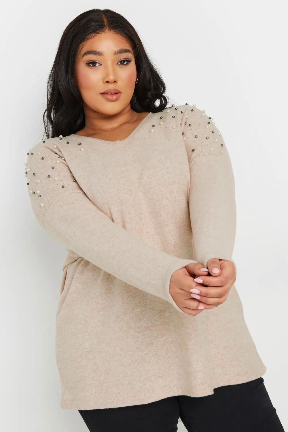 YOURS Curve Natural Brown Pearl Embellished Jumper