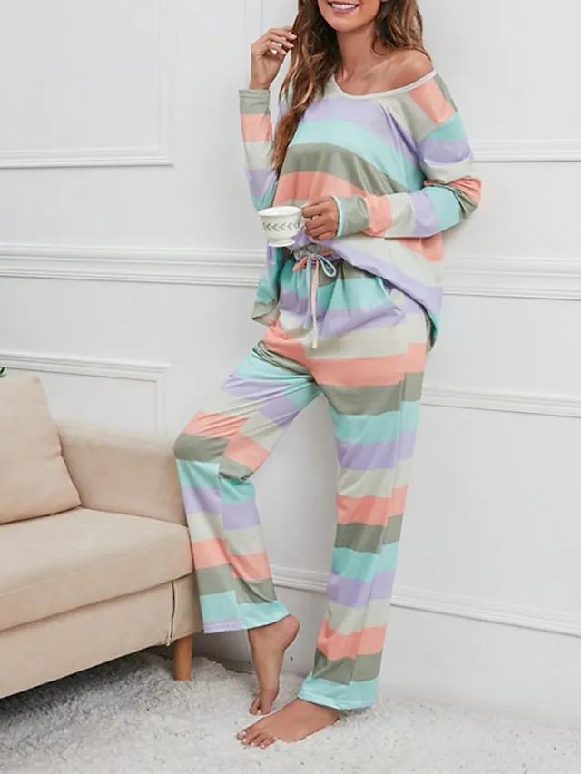 Women's Pajamas Nighty Pjs Sets 2 Pieces Rainbow Stripe Fashion Comfort Soft Home Daily Bed Cotton Breathable V Wire Long Sleeve T shirt Tee Pant Spring Fall Yellow Blue