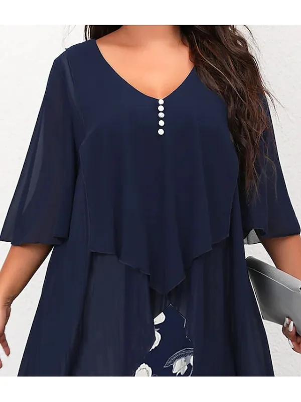 Women‘s Plus Size Curve Work Dress Floral V Neck Ruched 3/4 Length Sleeve Spring Summer Work Elegant Midi Dress  Layered Formal Vacation Dress Wedding Guest Dress