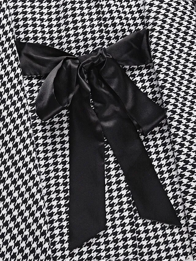 Women's Coat Cloak / Capes Winter Houndstooth Overcoat Fall Long Pea Coat with Belt Elegant Stand Collar Street Daily Wear Fashion Daily Casual Outerwear Long Sleeve Black