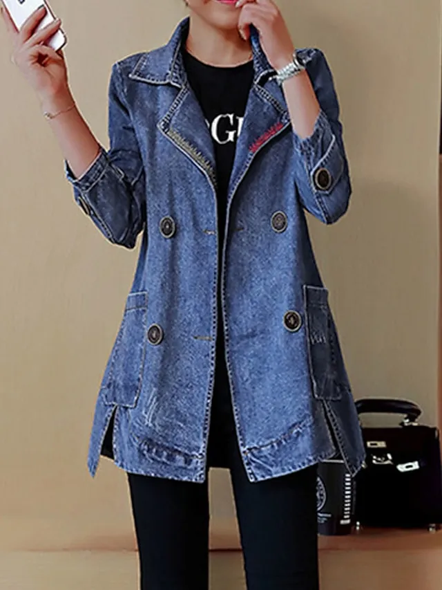 Women's Denim Jacket Regular Coat Regular Fit Warm Breathable Streetwear Elegant Jacket Spring Summer Long Sleeve Solid Color Pocket Navy Blue Outdoor Street Daily