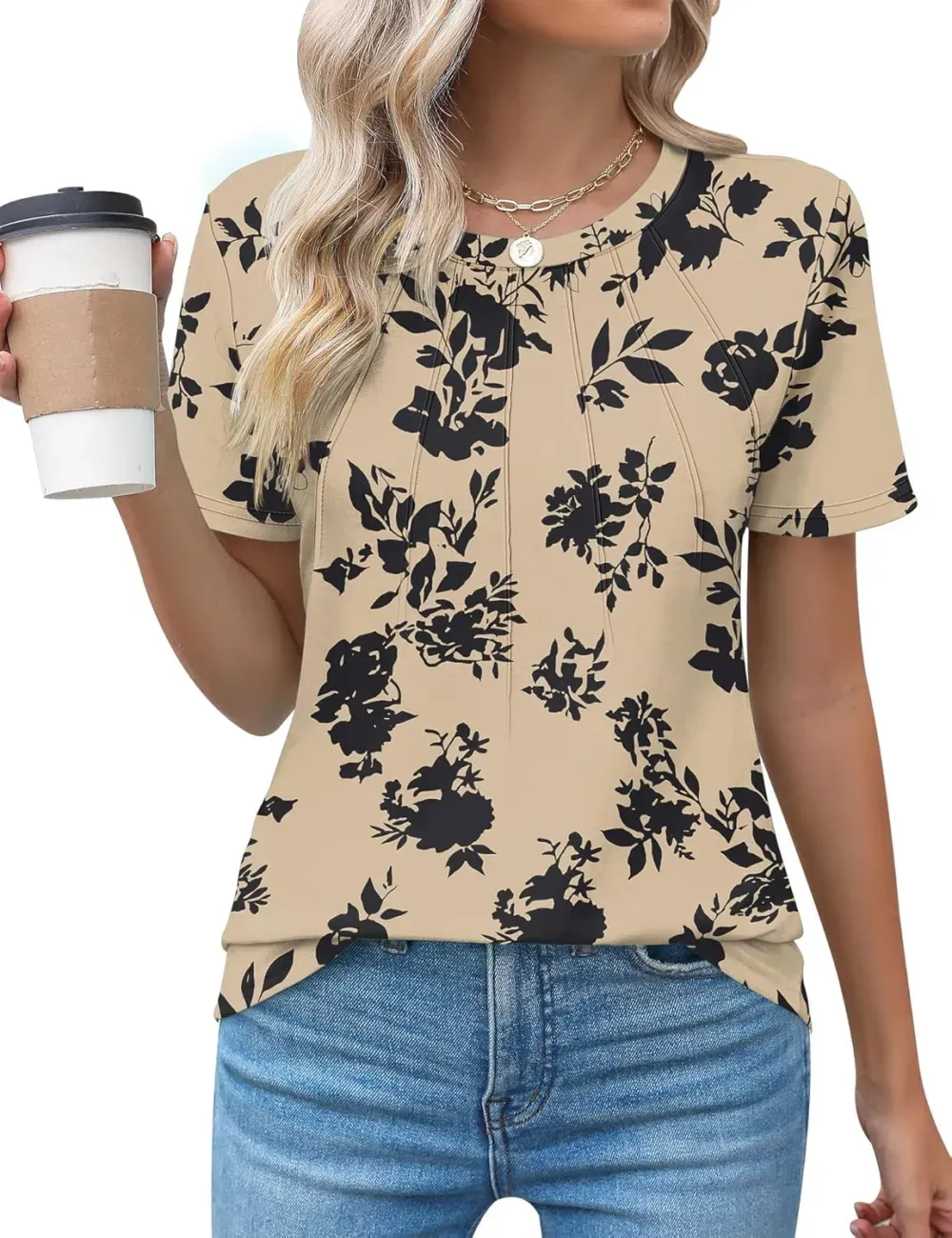 Kistore Womens Casual Crew Neck Short Sleeve Pleated Tops Blouses Fashion Clothes 2024