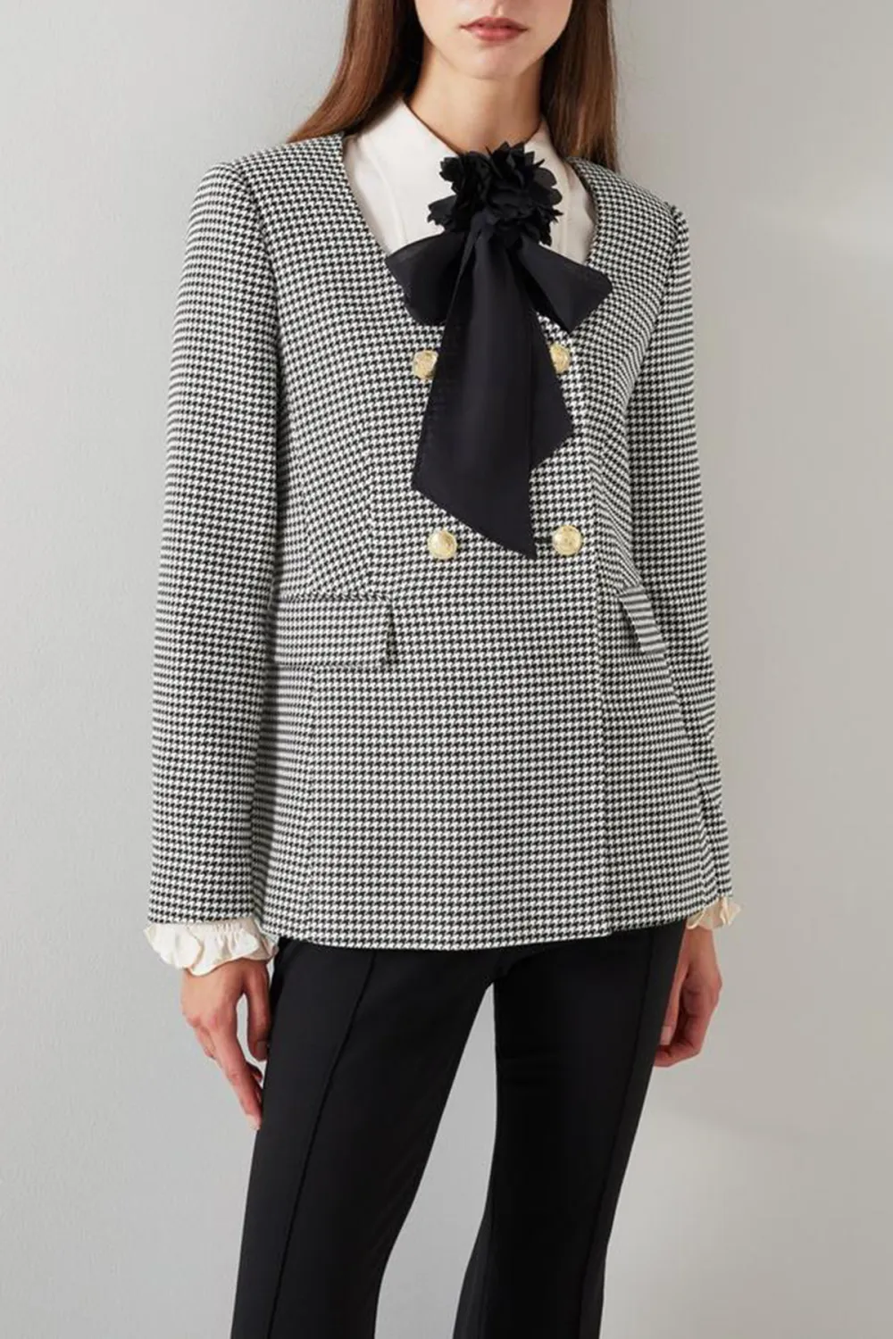 Black Cream Checkered Bow Detail Short Coat