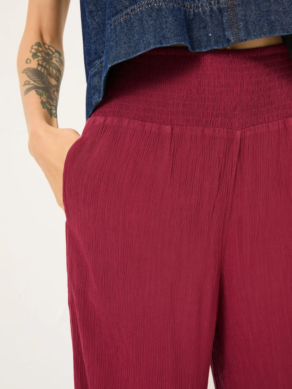 Burgundy Red Shirred Palazzo Wide Leg Trousers