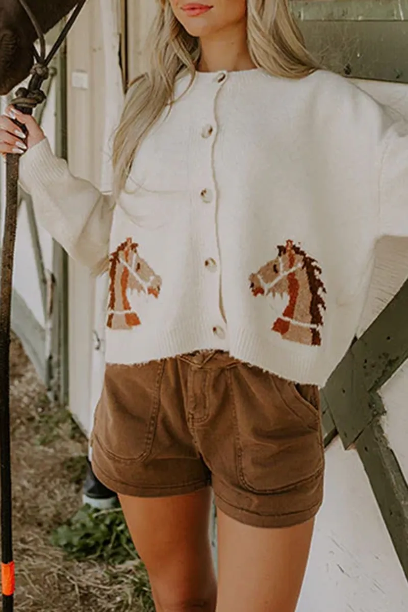 Women's Playful Round Neck Knitted Horse Coat