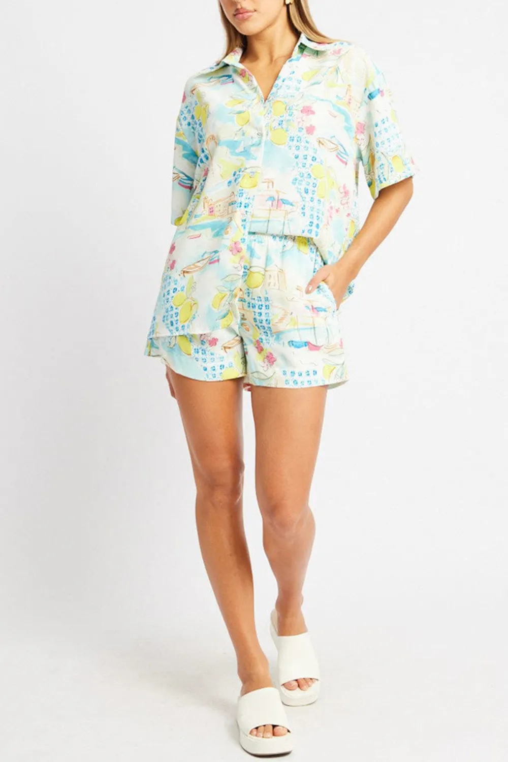 Blue Abstract Relaxed Shorts High Rise