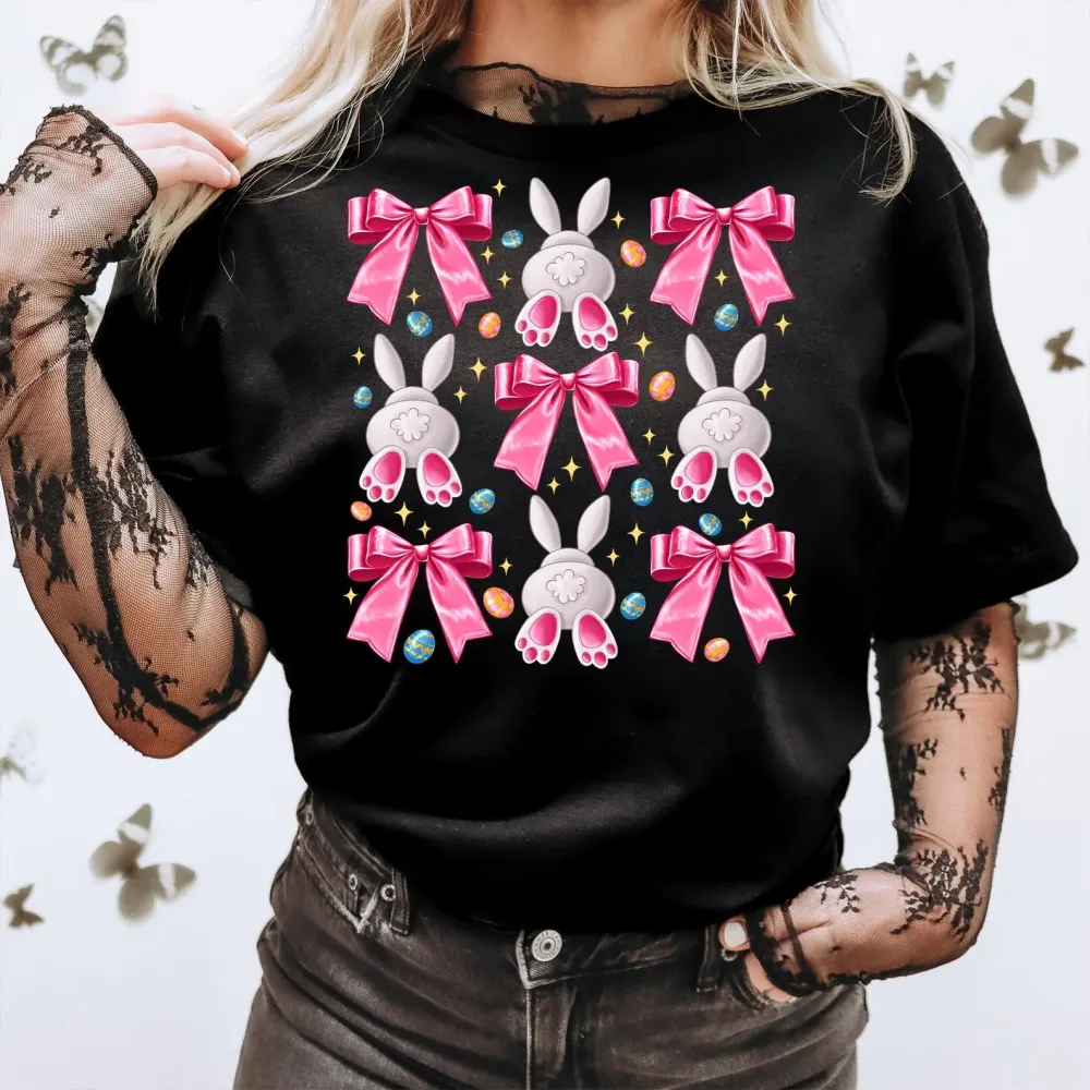 T-shirt Easter Bunny And Bow Women Printed Round Neck Short Sleeve