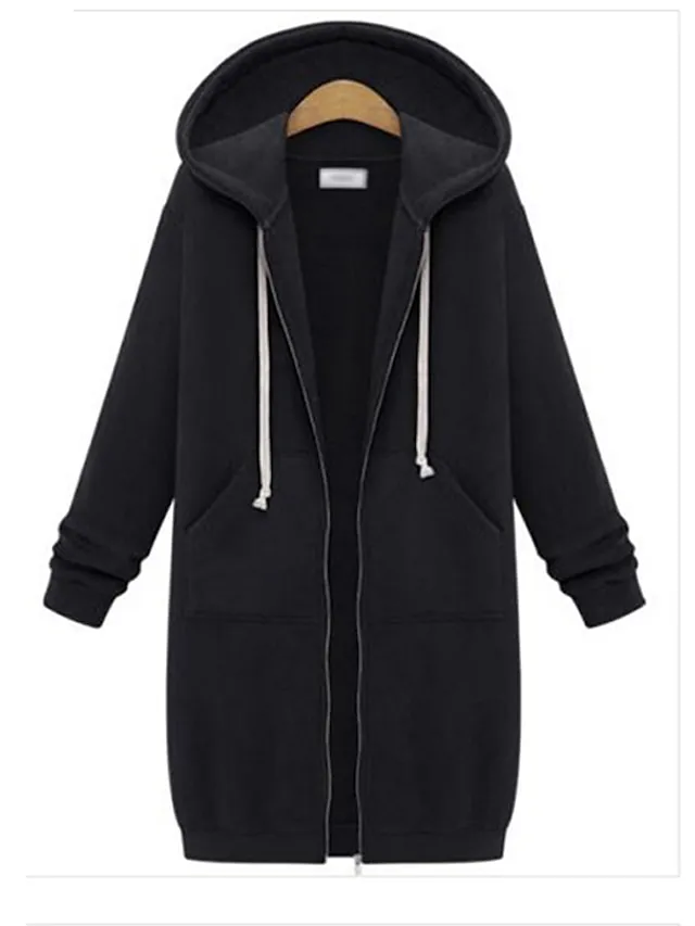Women's Coat Fall Hoodie Jacket Sport Outdoor Drawstring Jacket with Poackets Zipper Warm Streetwear Regular Fit Outerwear Long Sleeve Fall Black L