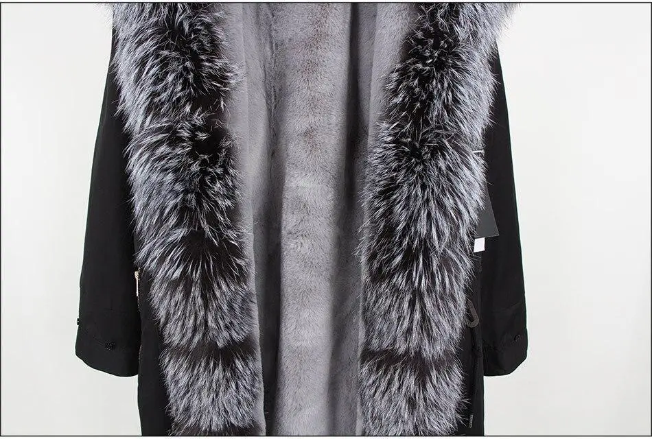 Women's Parka Fox Fur Coats Real Fur Winter Long Black Park Cotton Thick Warm