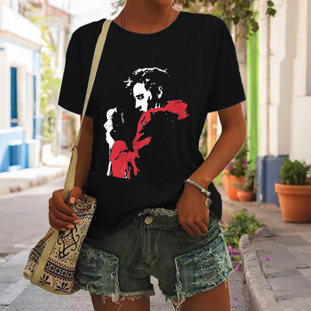 Women's The King Print Short Sleeve Round Neck Cotton T-Shirt