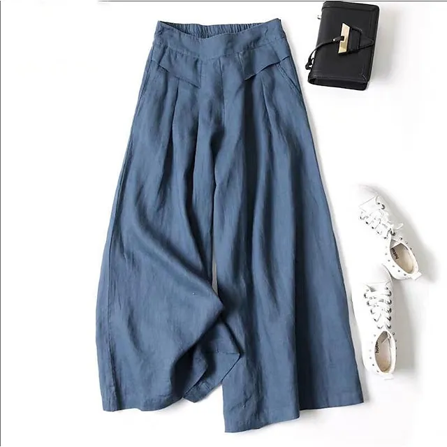 Women's Culottes Wide Leg Wide Leg Pants Trousers 100% Cotton Plain Pocket Baggy Full Length High Waist Casual Lounge Casual Daily Black White M L Autumn / Fall Spring & Summer