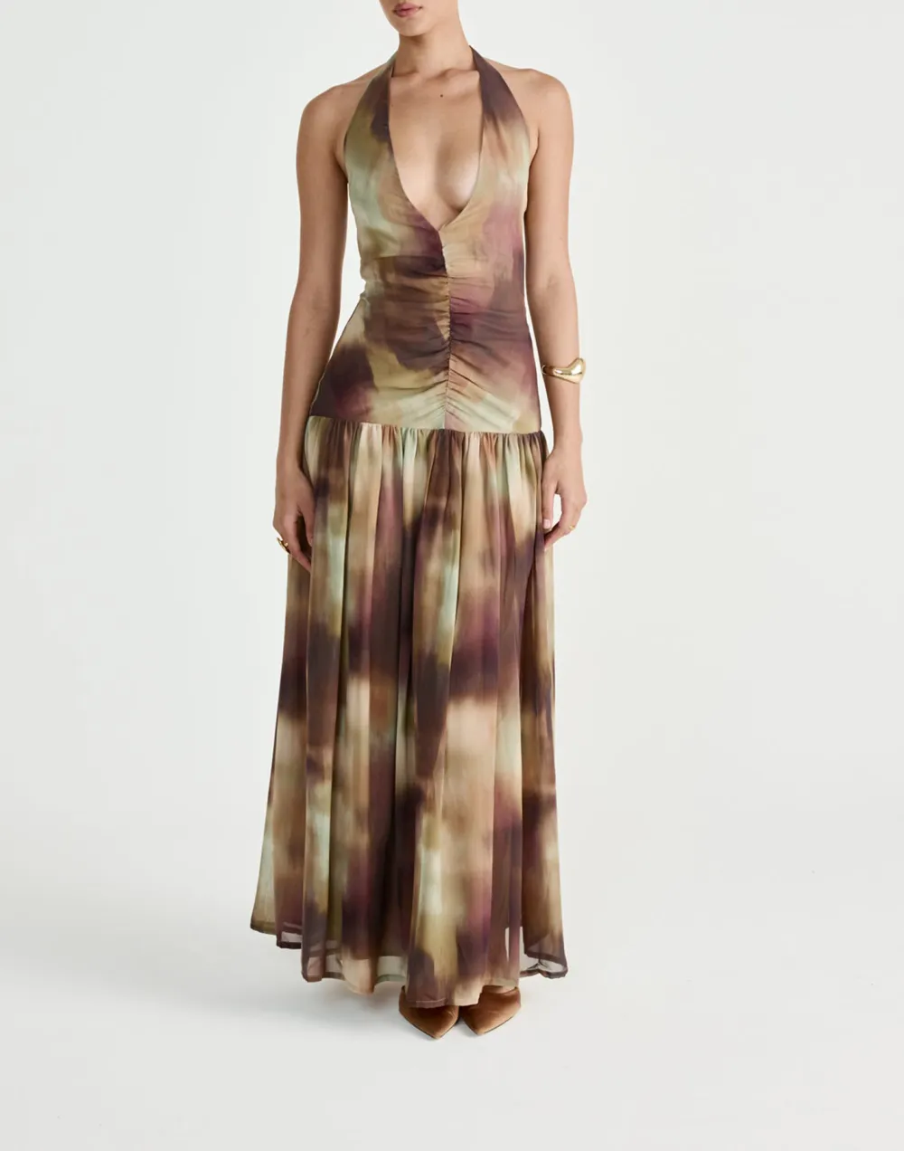 Flowy Pleated Open-Back Deep-V Dress