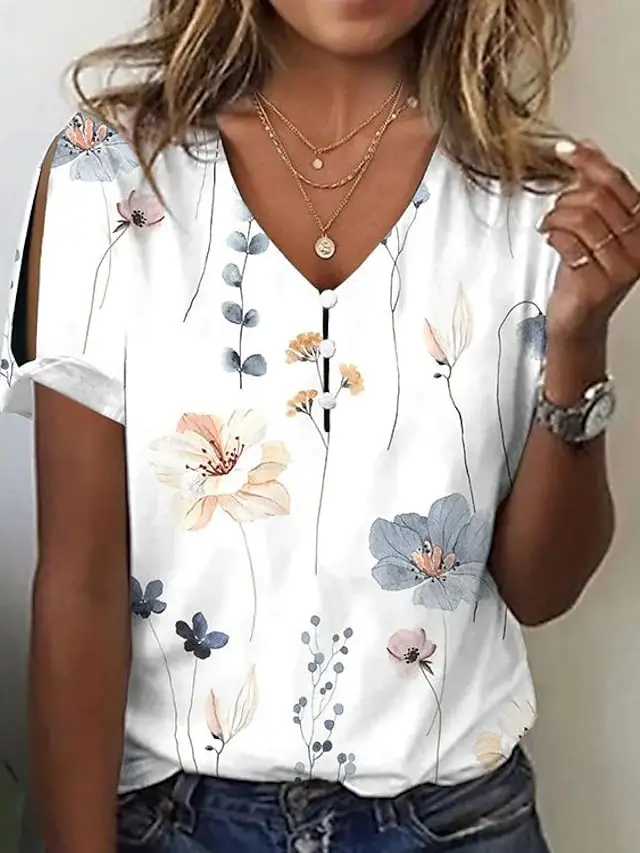 Women's T shirt Tee White Blue Light Blue Floral Button Cut Out Short Sleeve Holiday Weekend Basic Round Neck Regular Floral Painting S