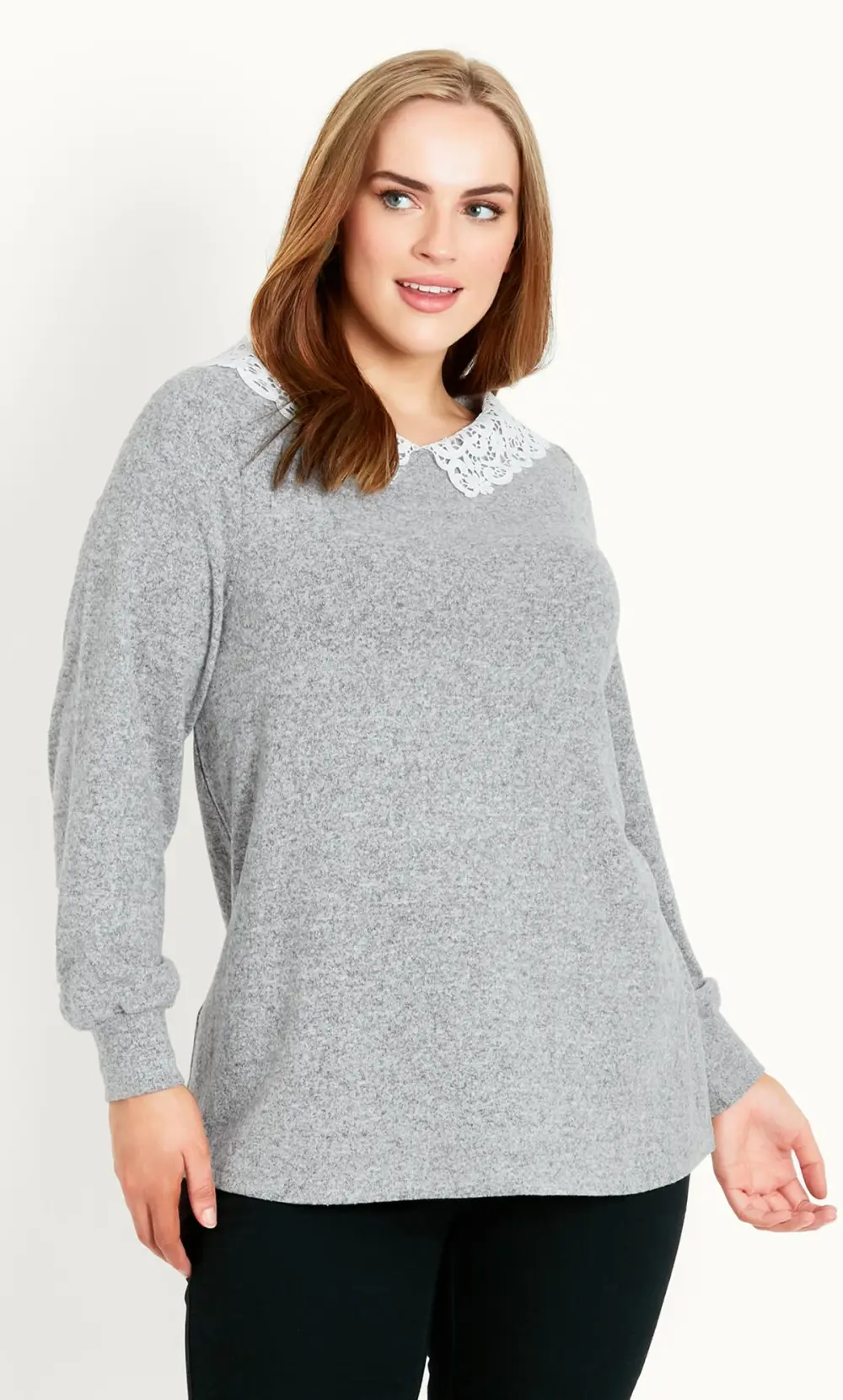Evans Light Grey Lace Collar Soft Touch Jumper