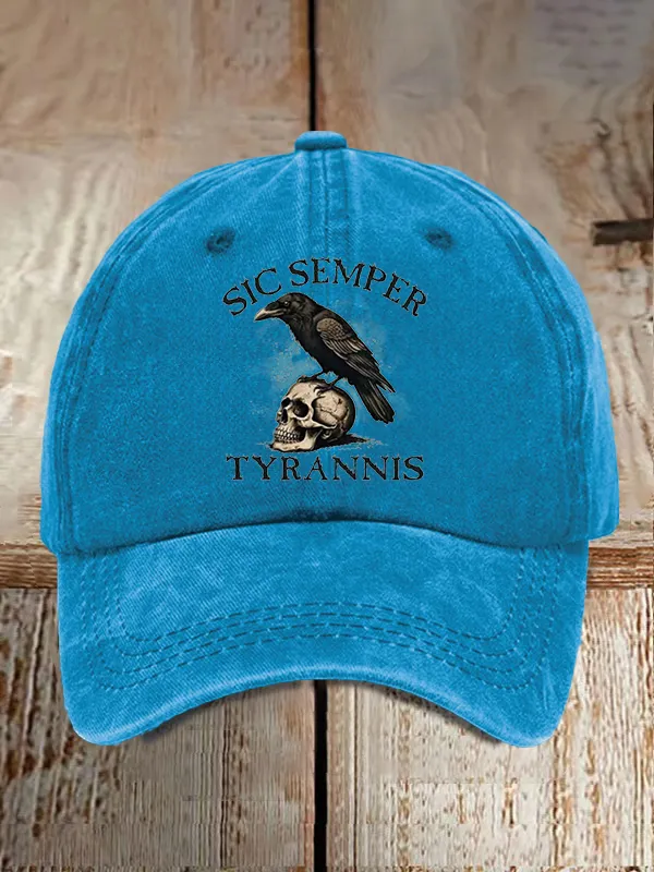 Unisex Distressed Washed Cotton Sic Semper Tyrannis Print Hat