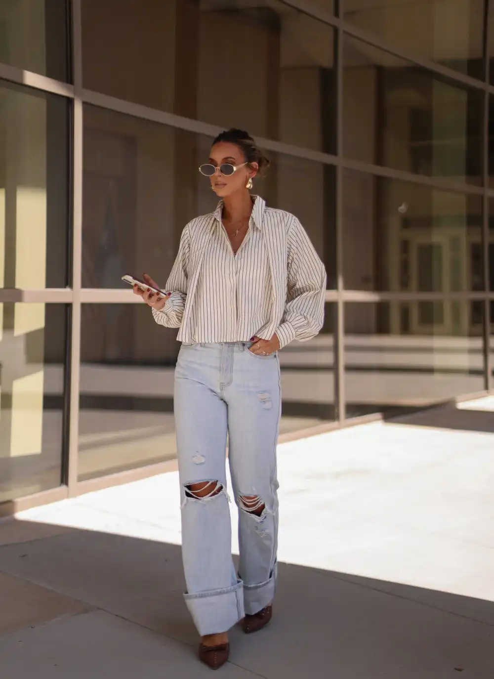 Pleated Striped Button Down